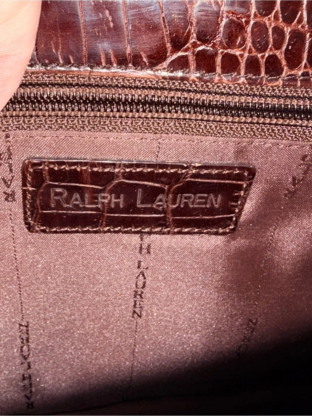 RALPH LAUREN BROWN ALLIGATOR PRINT Ltr .925 STERLING SILVER HARDWARE HANDBAG